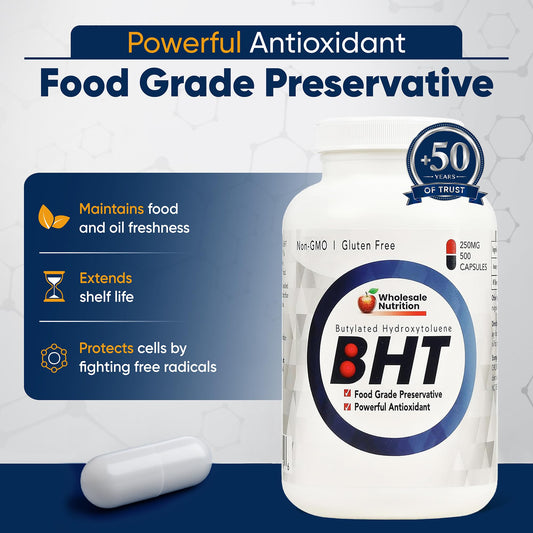Wholesale Nutrition BHT ingredient label highlights non-GMO and gluten-free attributes.