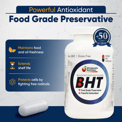 Wholesale Nutrition BHT ingredient label highlights non-GMO and gluten-free attributes.