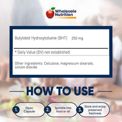 Wholesale Nutrition BHT is non-GMO and gluten-free for modern pantries.