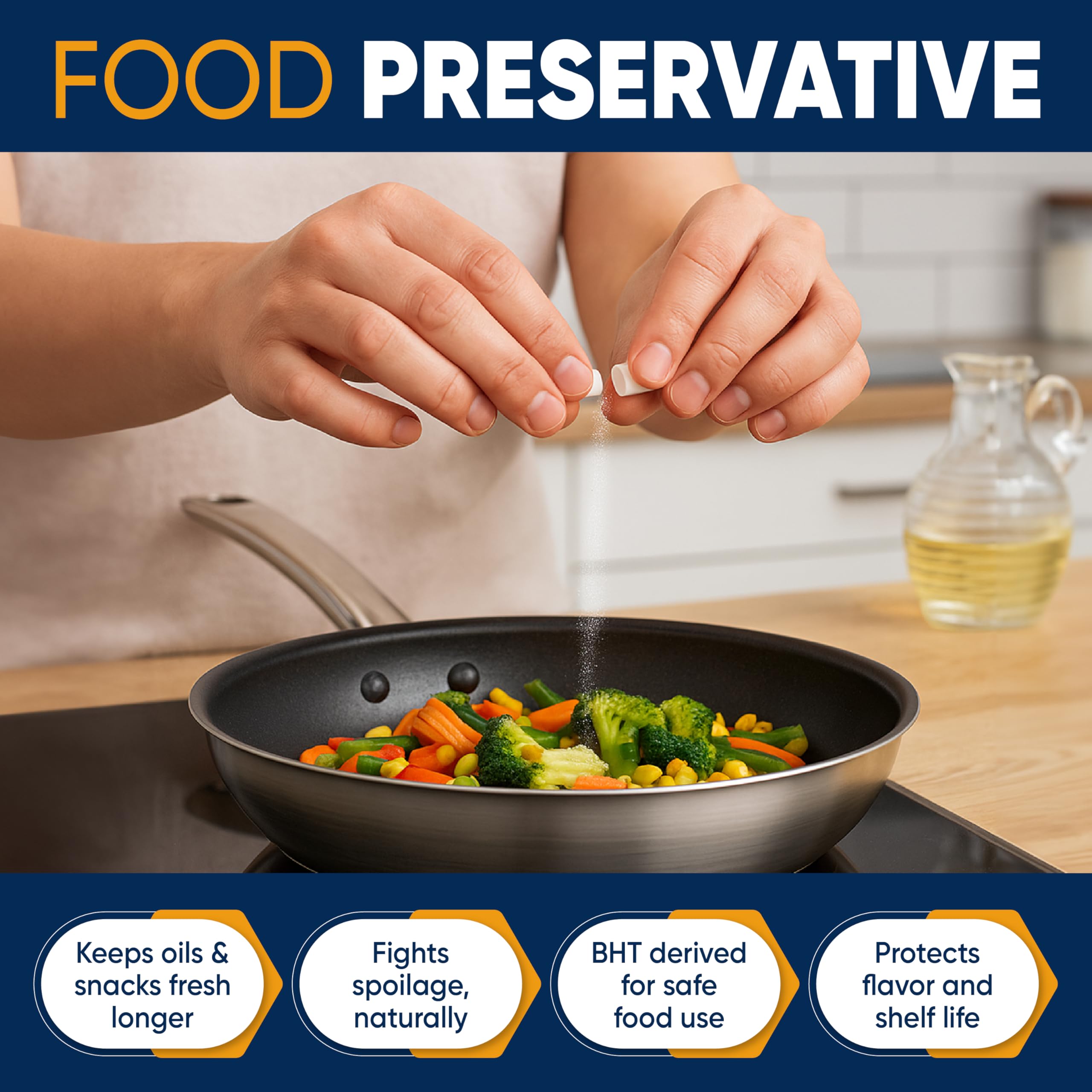 Wholesale Nutrition BHT helps extend shelf life of oils and fatty foods.