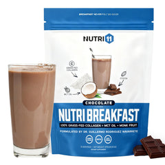 Nutri11 NutriBreakfast chocolate powder tub for keto-friendly mornings.