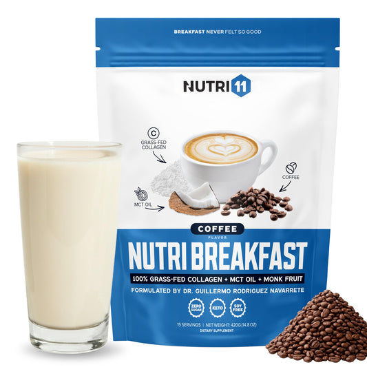 NutriBreakfast by Nutri11 coffee powder being poured for a keto morning.
