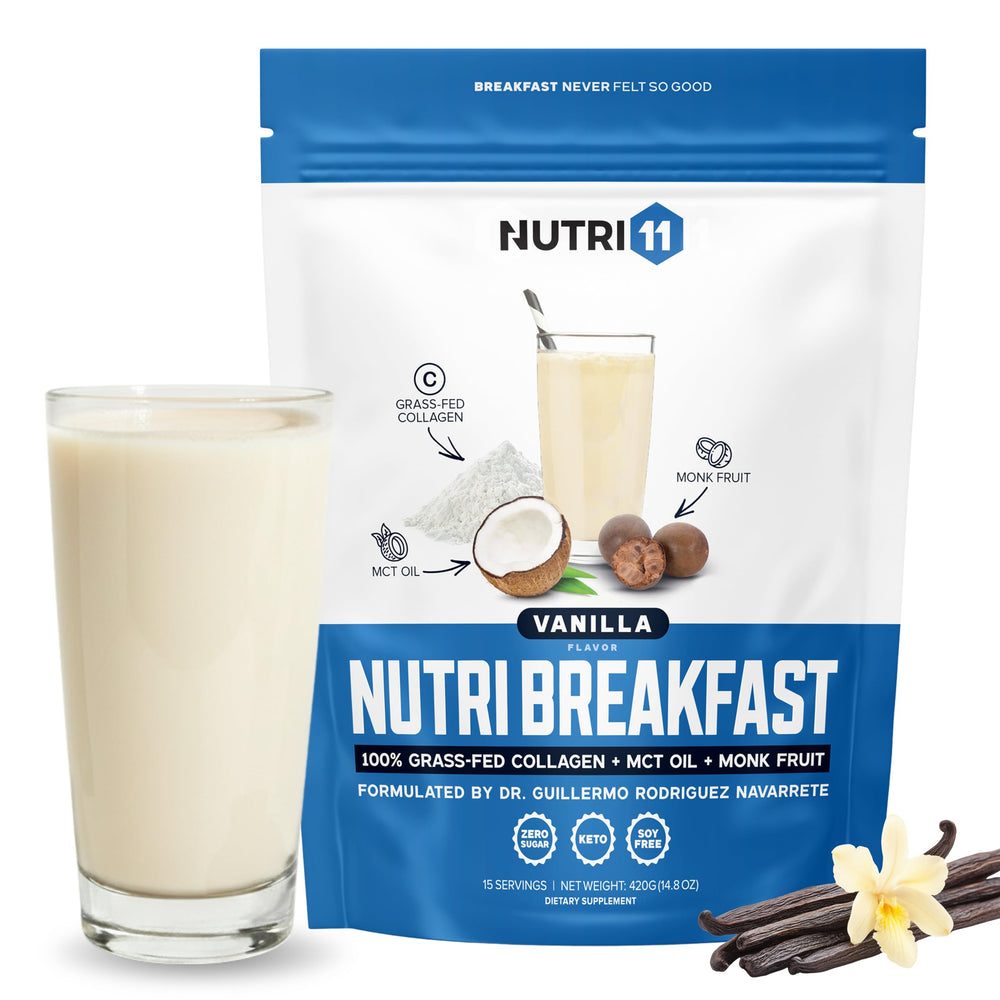 Nutri11 NutriBreakfast tub front shows keto collagen powder for daily energy
