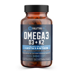 Nutri11 Omega-3 bottle with D3, K2 and astaxanthin supports daily wellness.