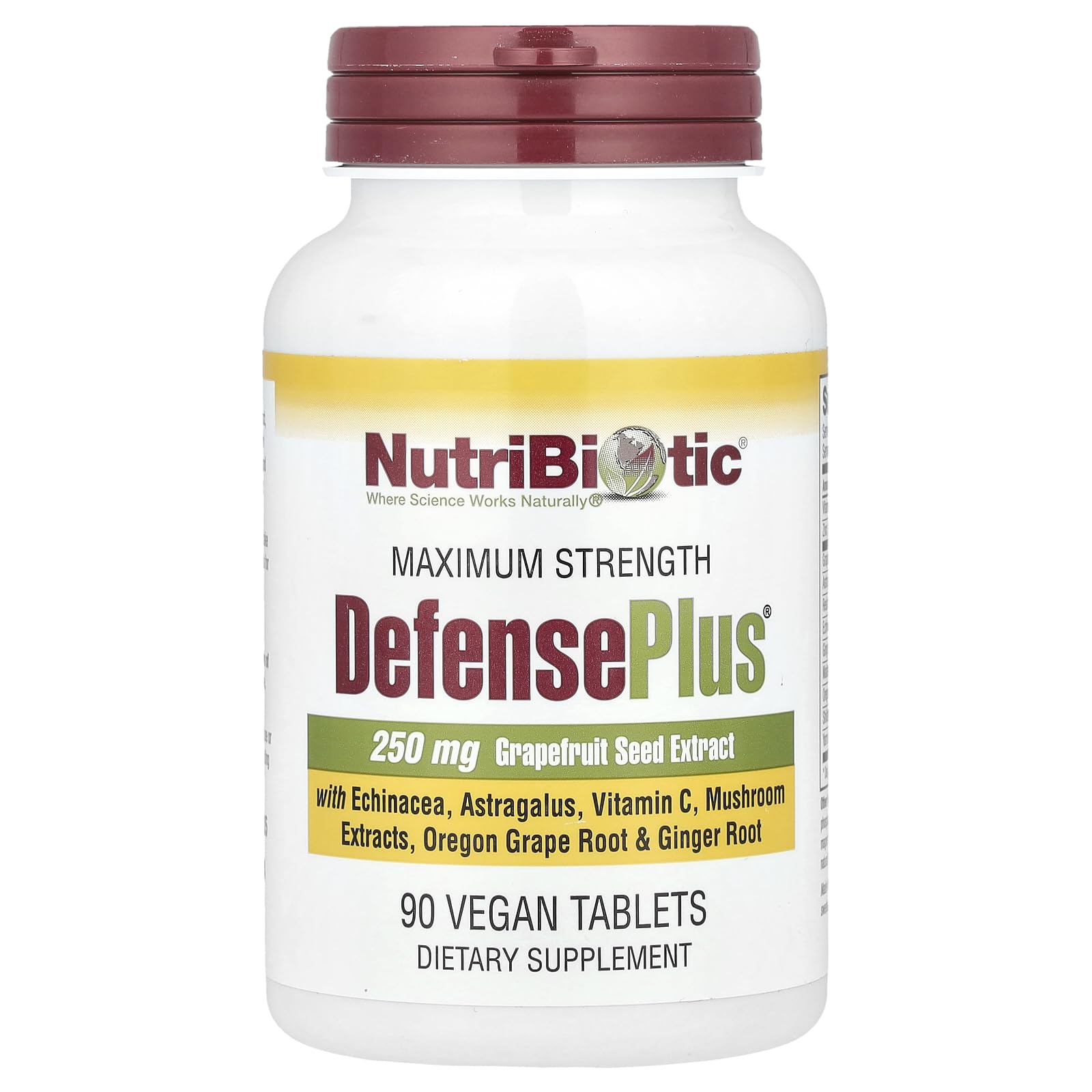 NutriBiotic Defense Plus bottle featuring vegan tablets for daily wellness.