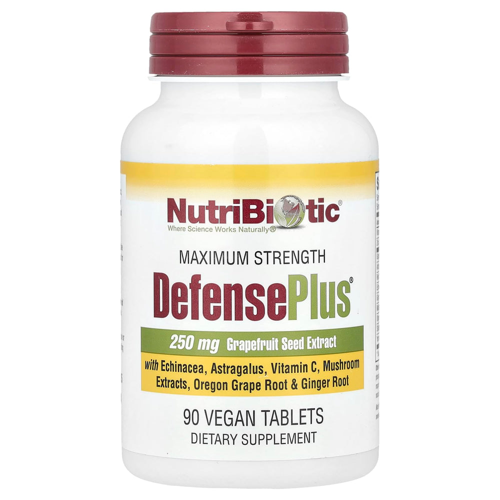 NutriBiotic Defense Plus bottle featuring vegan tablets for daily wellness.