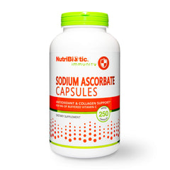 NutriBiotic bottle close-up shows vegan buffered vitamin C easy on digestion.