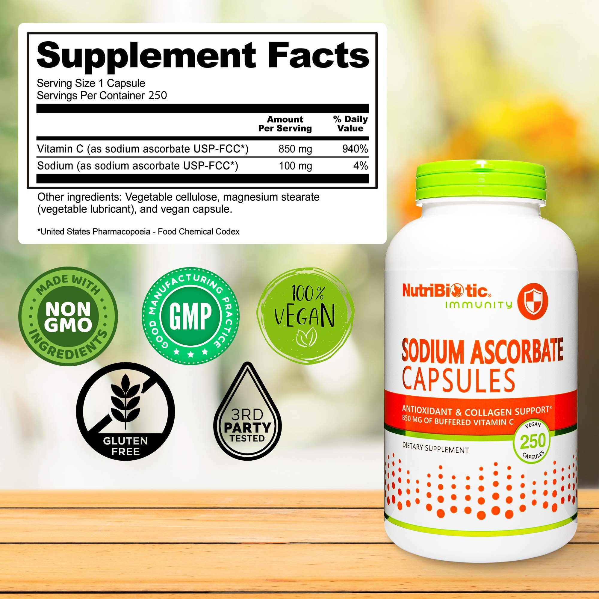 NutriBiotic label detail emphasizes buffered formula for gentler digestion.