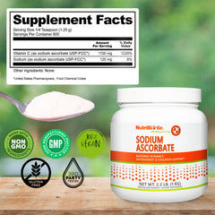 NutriBiotic sodium ascorbate powder bottle signals a trusted vitamin source.