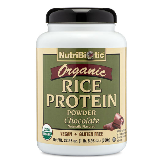 NutriBiotic front bottle shows certified organic rice protein chocolate for clean ingredients