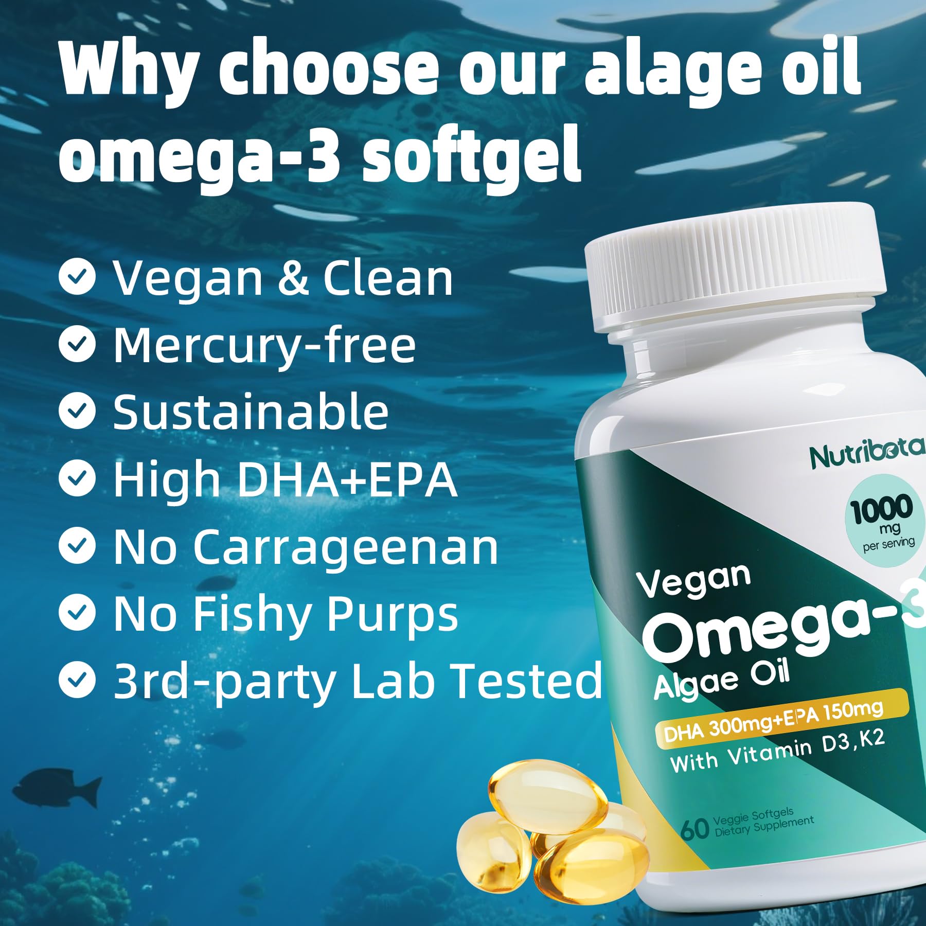 Nutribota plant-based omega-3 softgels ingredients panel focusing allergen-friendly claim