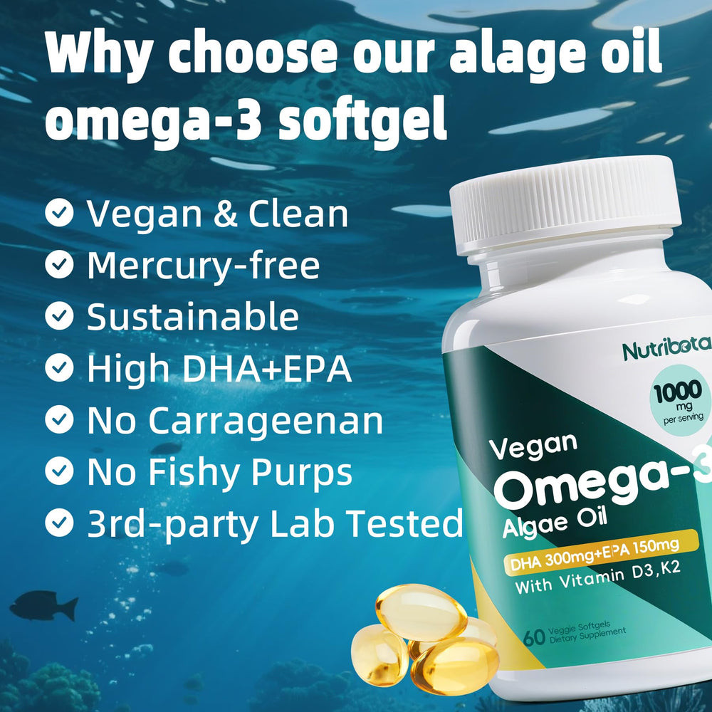 Nutribota plant-based omega-3 softgels ingredients panel focusing allergen-friendly claim
