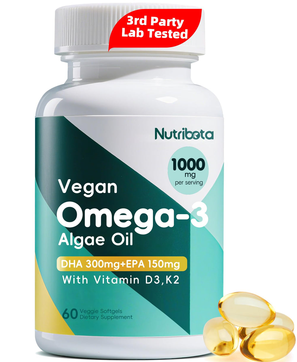 Nutribota vegan omega-3 softgels bottle highlighting 1000mg formula for brain and eye support