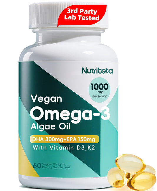 Nutribota vegan omega-3 softgels bottle highlighting 1000mg formula for brain and eye support