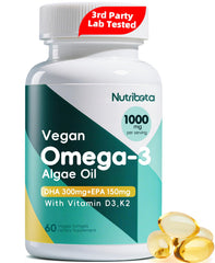 Nutribota vegan omega-3 softgels bottle highlighting 1000mg formula for brain and eye support