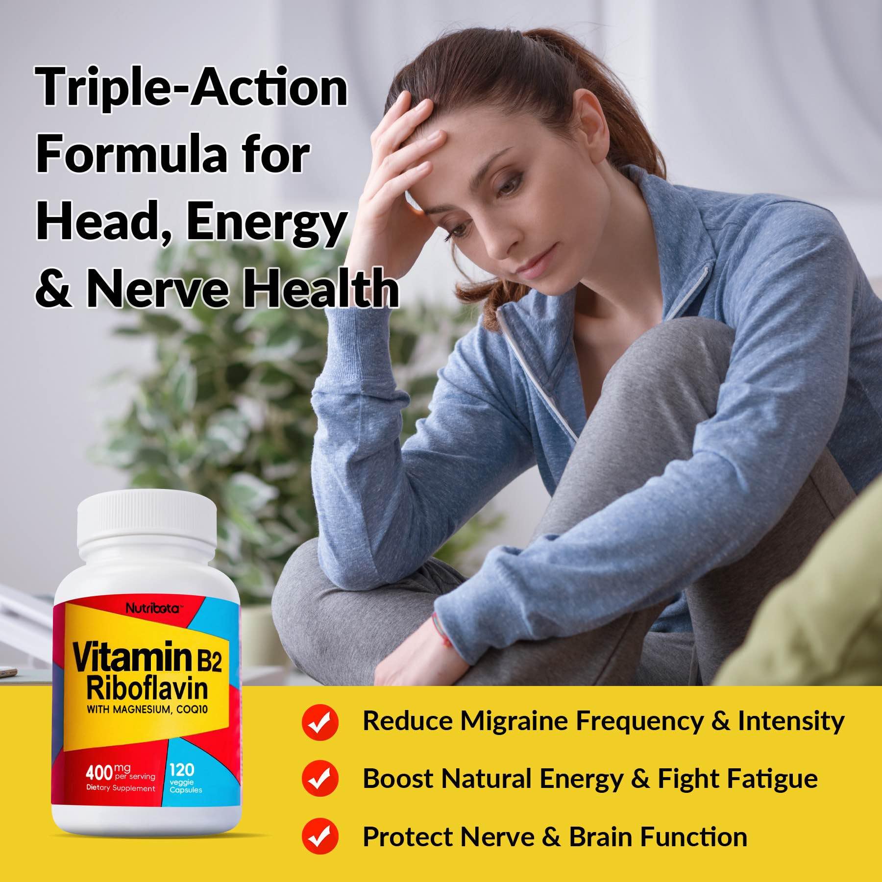 Nutribota riboflavin label highlights magnesium and CoQ10 for wellness.