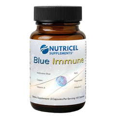 Nutricel Blue Immune methylene blue label shows 6 mg per capsule