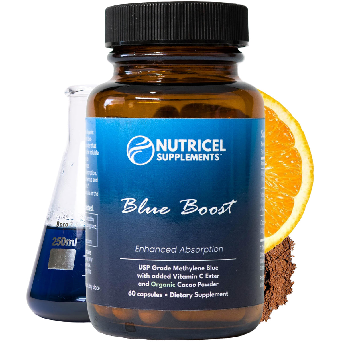 Nutricel Methylene Blue capsule bottle with clear daily-use label.