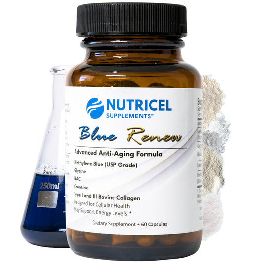 Nutricel Methylene Blue capsules bottle with clear label supports simple daily dosing.