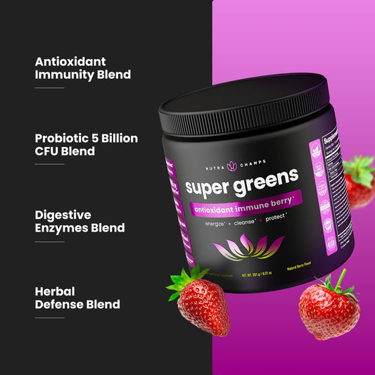 NutraChamps Super Greens powder scoop demonstrates quick, convenient mix for busy mornings.