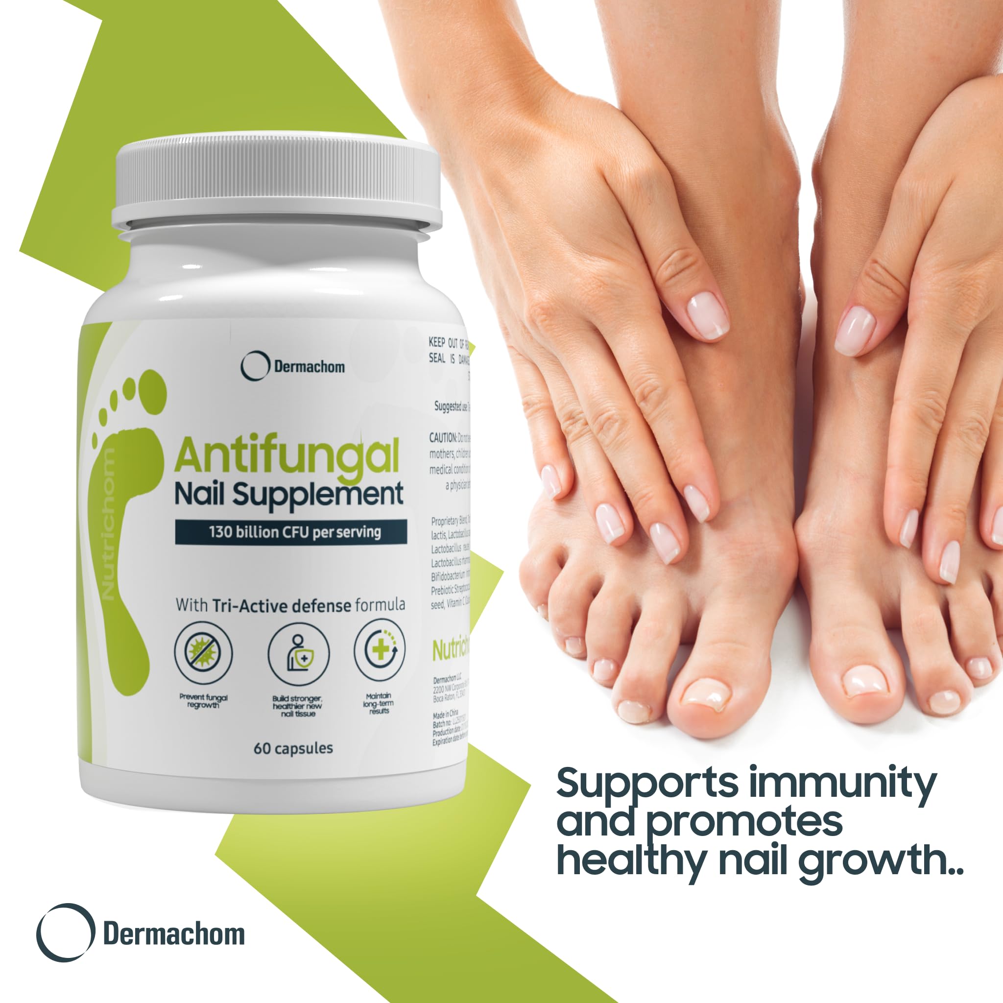 Nutrichom 130 Billion CFUs probiotic may support natural balance affecting nails and skin.