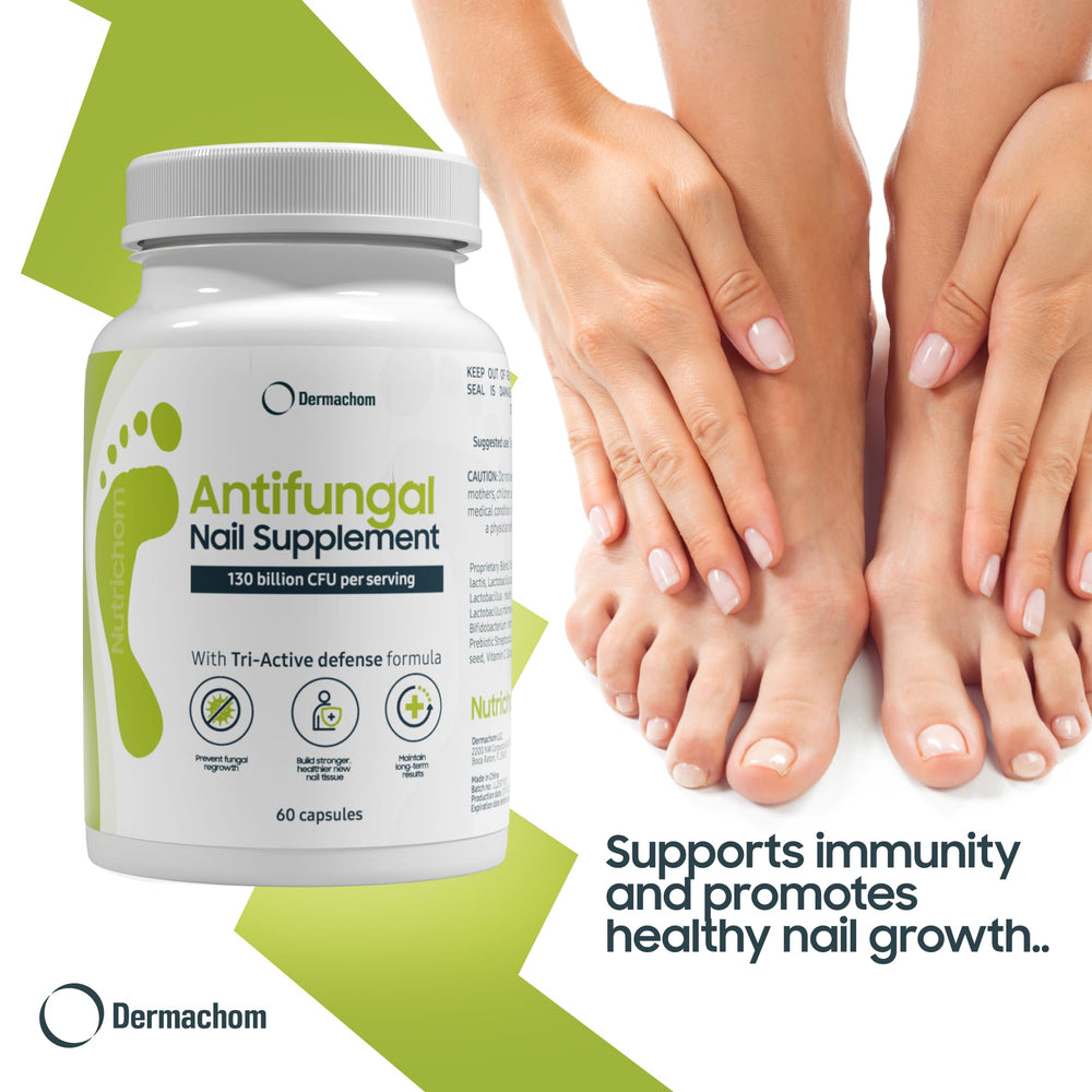 Nutrichom 130 Billion CFUs probiotic may support natural balance affecting nails and skin.
