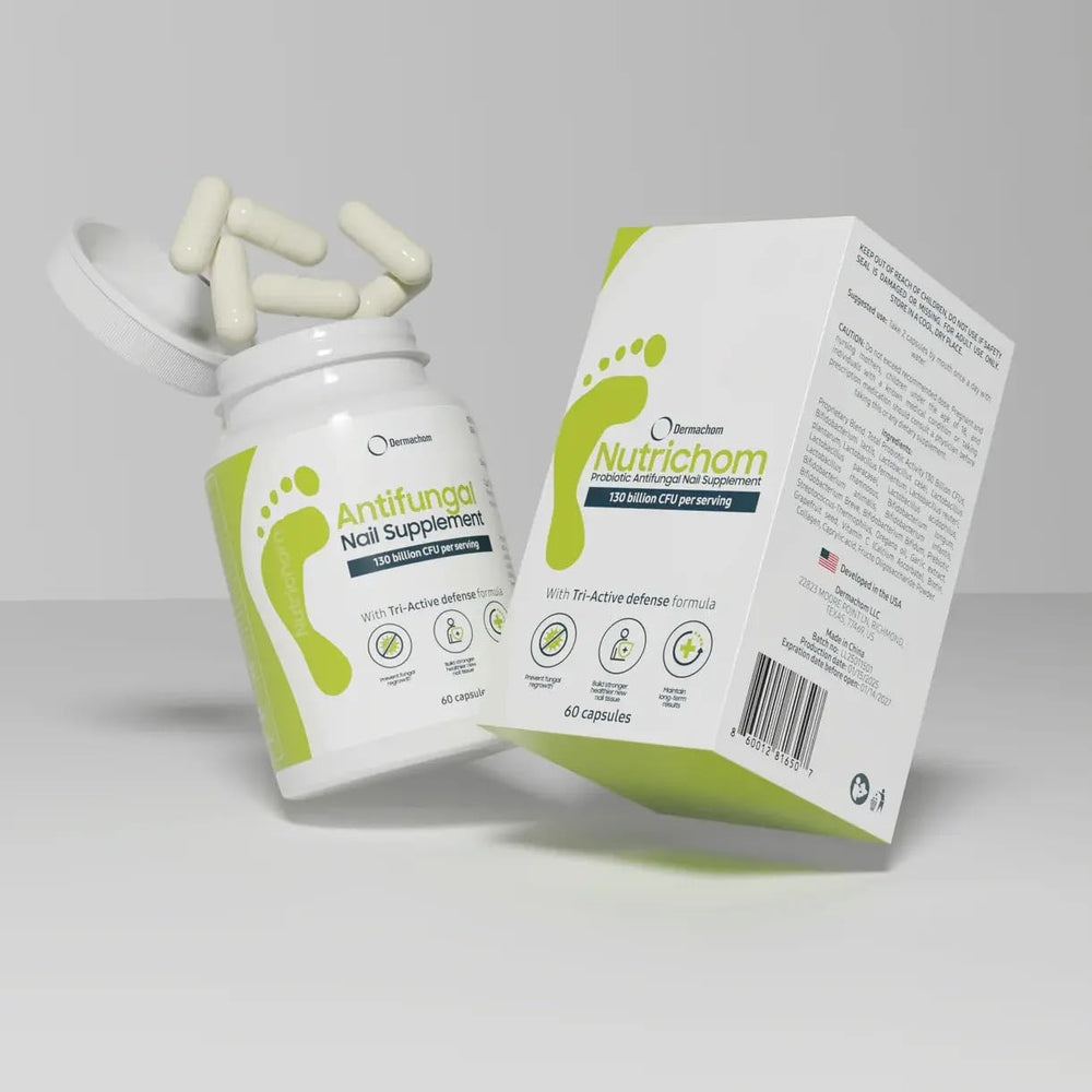 Nutrichom probiotic fungal nail cleanser bottle may support healthier-looking nails daily.
