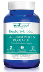 Nutricology Allergy Research Group Essential-Biotic Saccharomyces 60ct bottle promotes gut balance.
