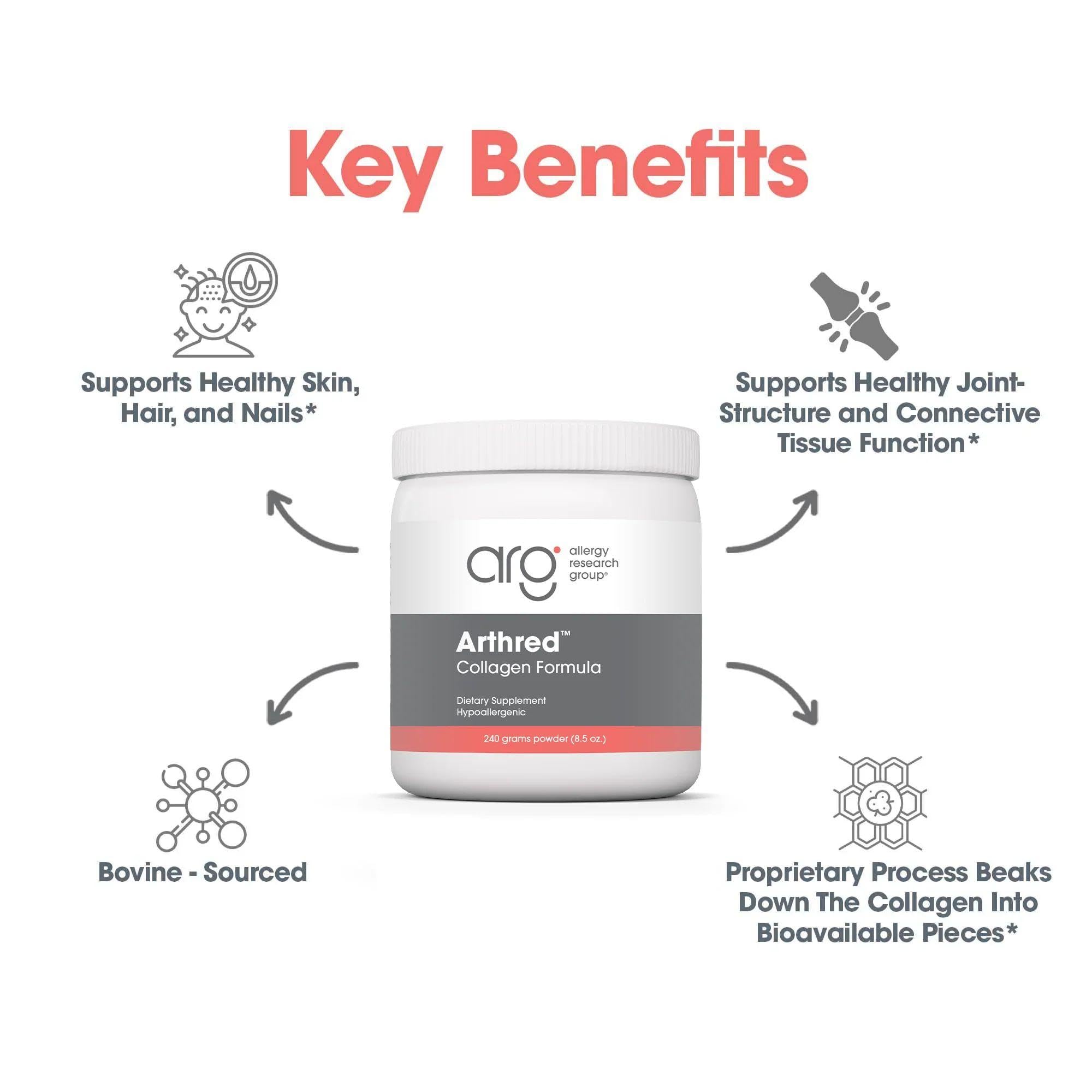 Nutricology Arthred nutrition panel emphasizes amino acids like glycine and proline.