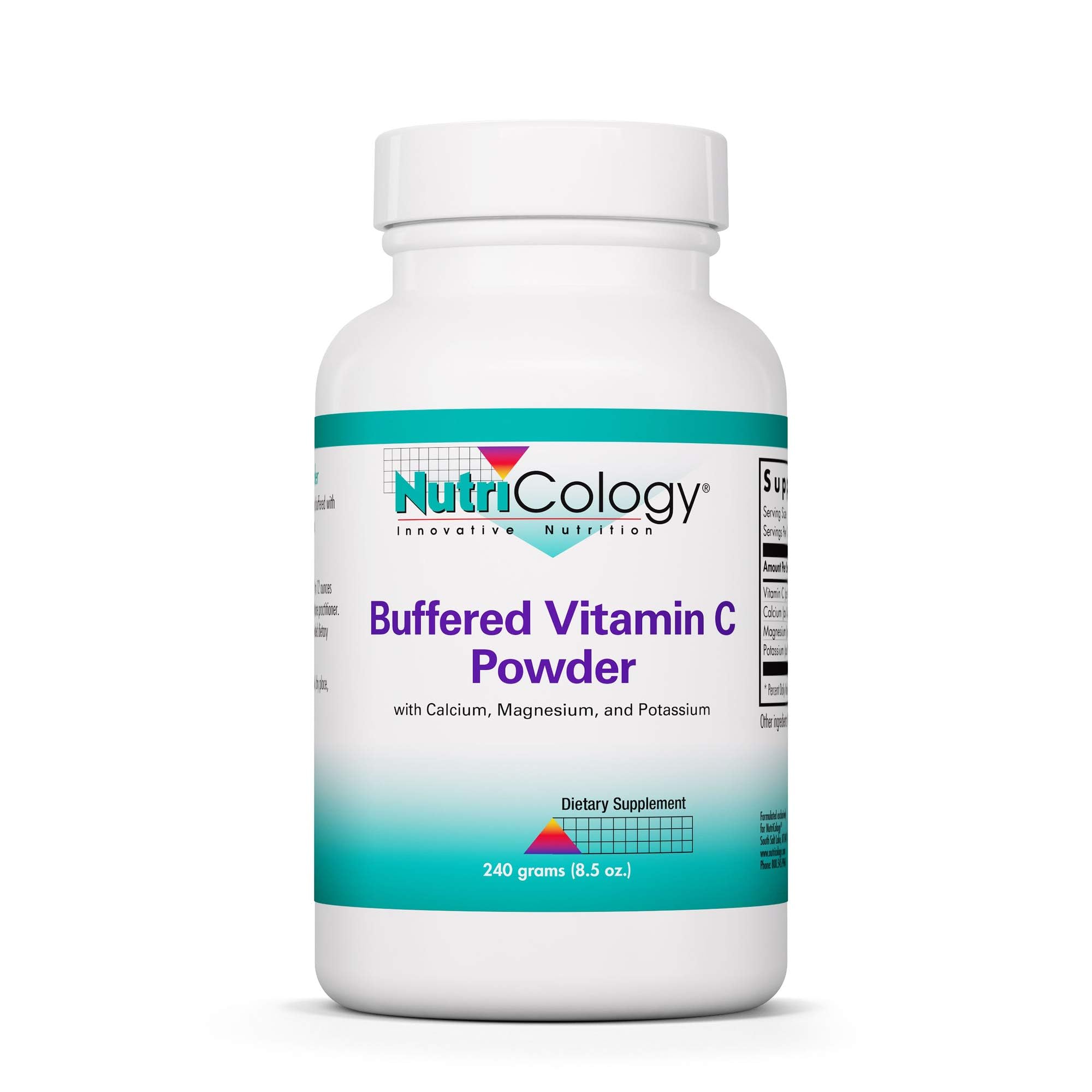 Nutricology Buffered Vitamin C Powder bottle shows high-dose formula for daily support