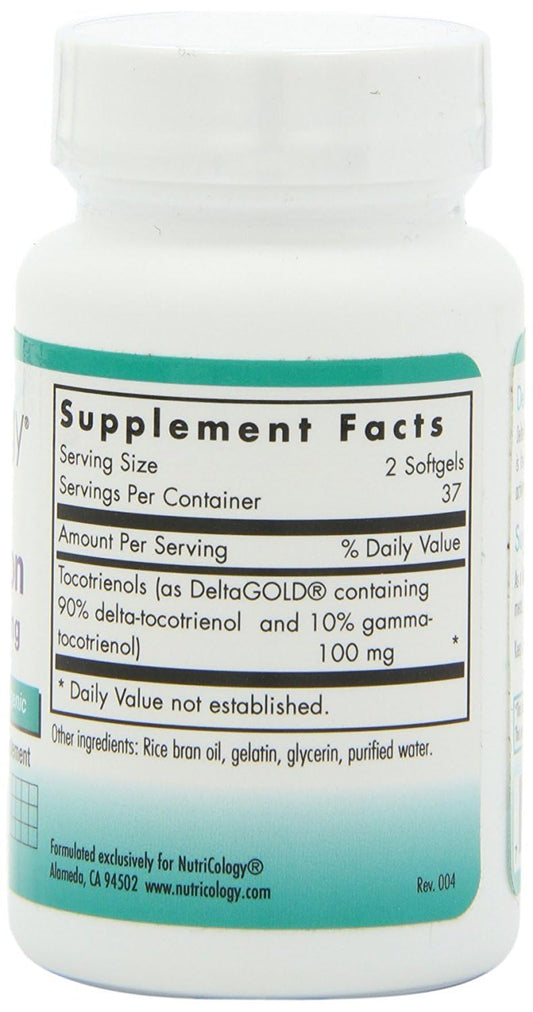 Nutricology Delta-Fraction Tocotrienols bottle back with dosage and usage details