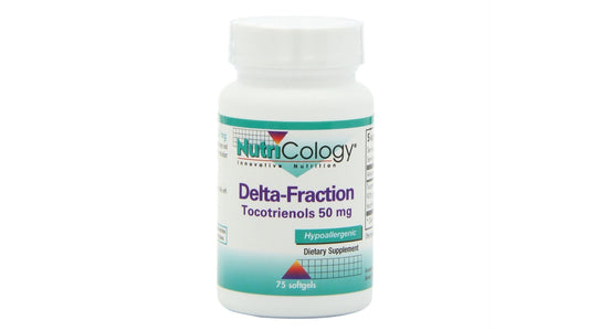 Nutricology Delta-Fraction Tocotrienols softgel bottle front showing premium vitamin E tocotrienols for cellular protection