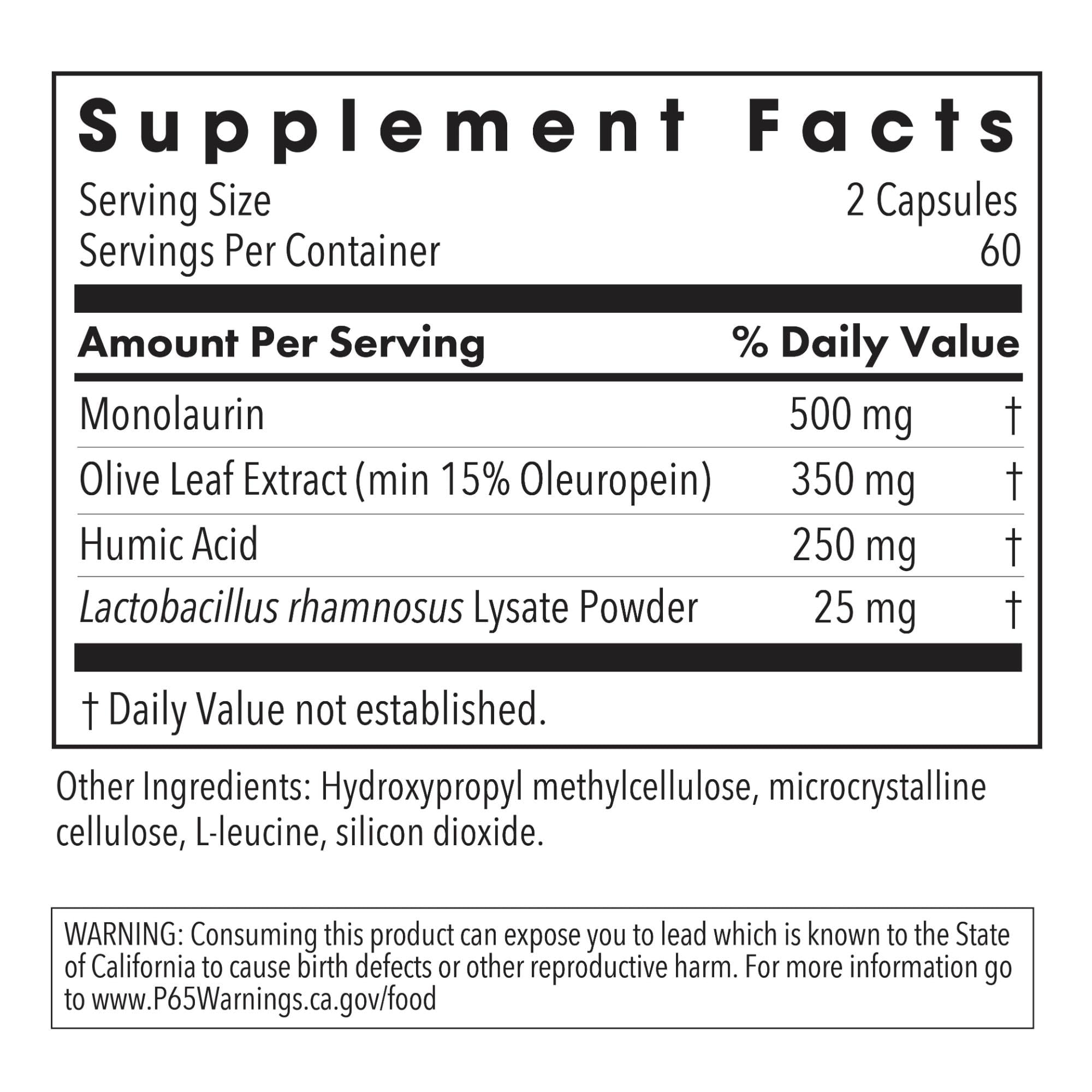NutriCology Humic-Monolaurin label closeup highlights purity and humic acid.