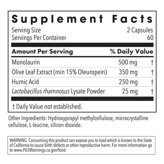 NutriCology Humic-Monolaurin label closeup highlights purity and humic acid.