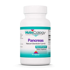 Nutricology Pancreas Lamb Supplement bottle displaying hypoallergenic digestive support.