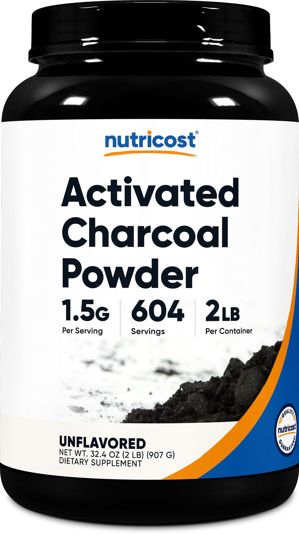 Nutricost activated charcoal powder in a scoop, ideal for home use and multi-purpose applications