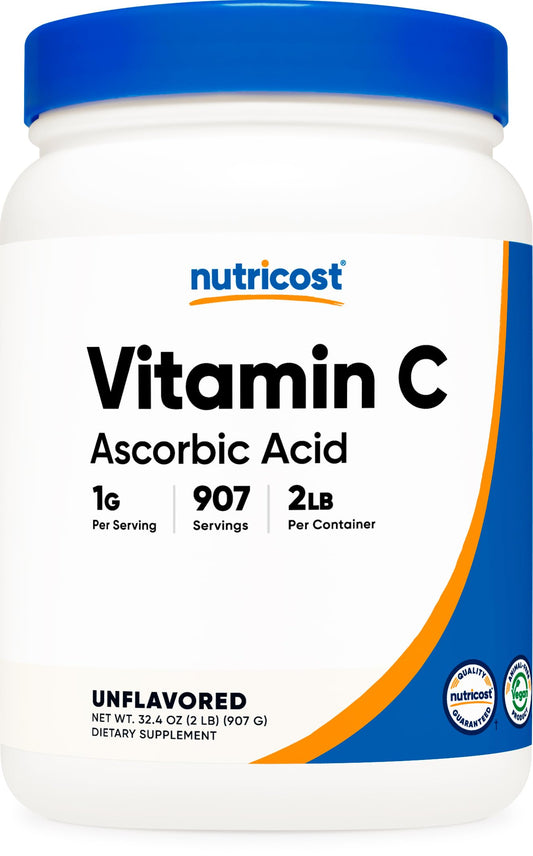 Nutricost ascorbic acid powder bottle close-up for daily supplementation