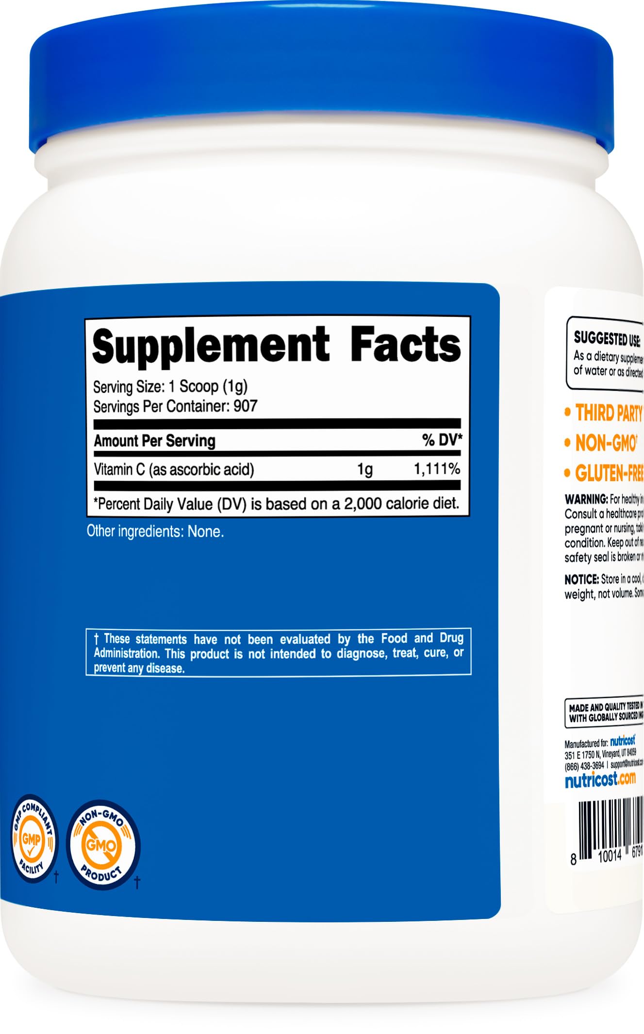 Nutricost ascorbic acid powder packaging highlighting quality and care