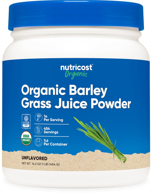 Nutricost barley grass juice powder bag shows organic, non-GMO formula for daily smoothies.