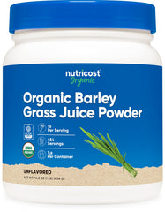 Nutricost barley grass juice powder bag shows organic, non-GMO formula for daily smoothies.