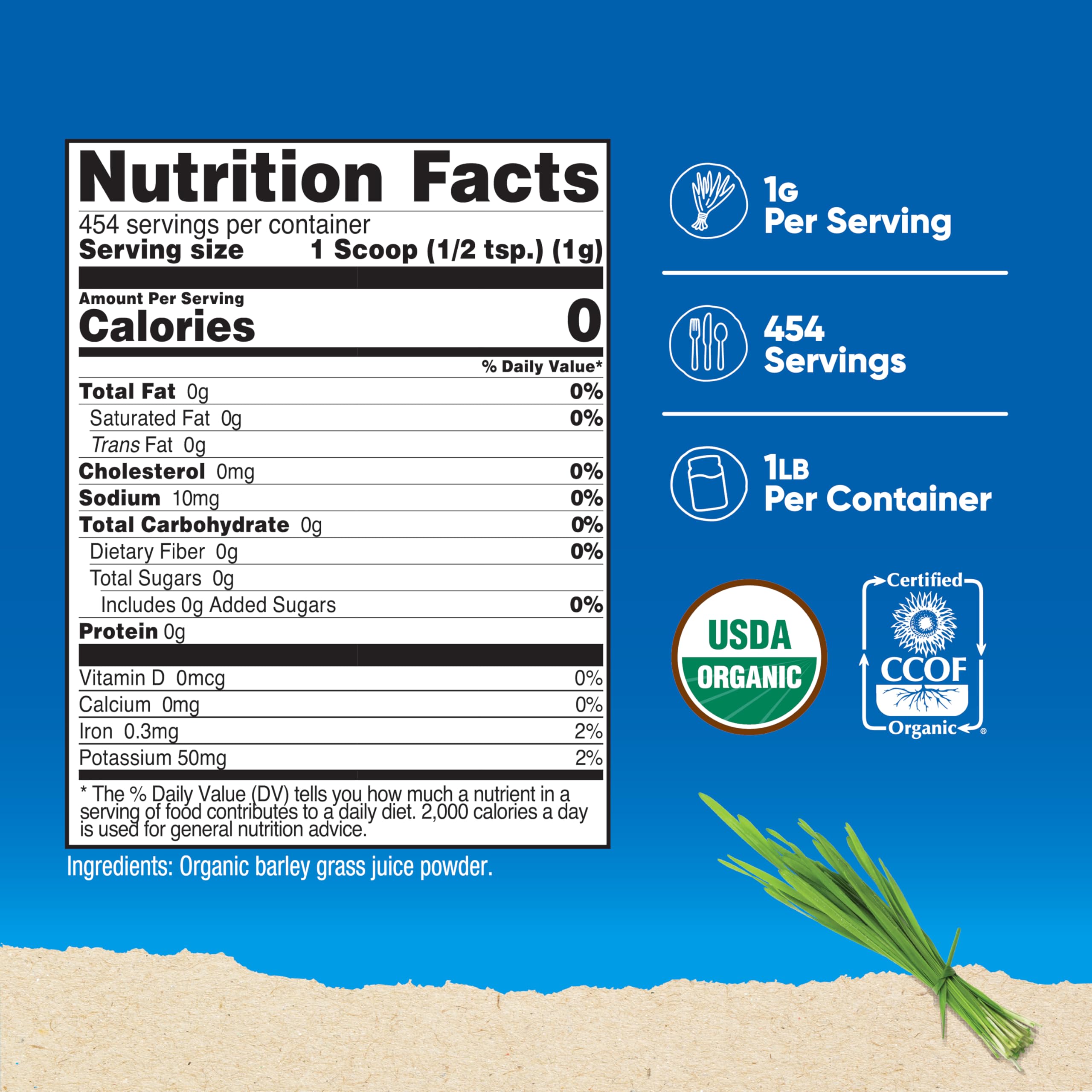 Nutricost barley grass juice powder scoop beside the bag for quick shakes.
