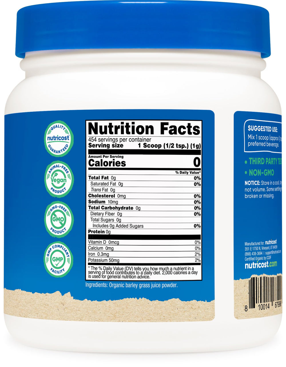 Nutricost barley grass powder top view reveals vibrant green powder ideal for smoothies.