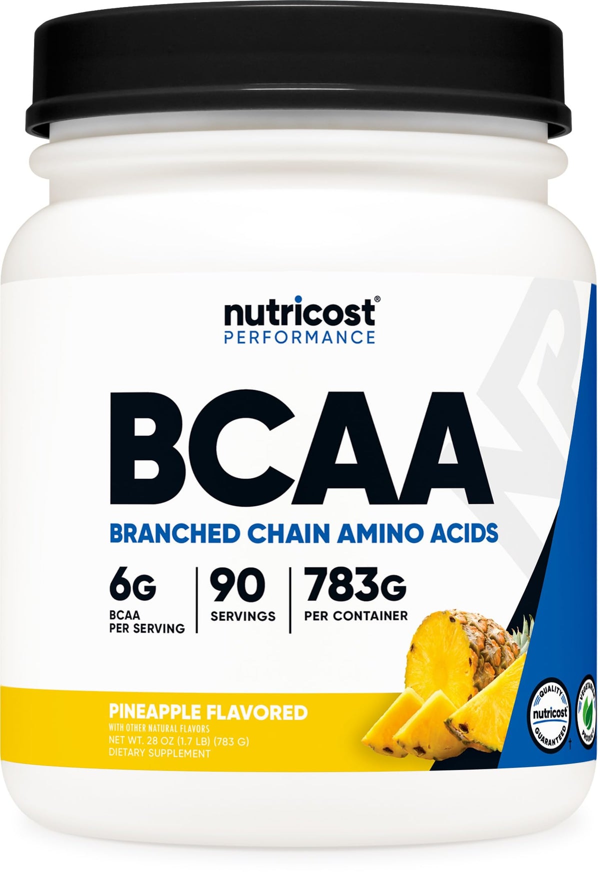 Nutricost BCAA Pineapple bottle shown in a gym setting to suggest convenient 90 servings