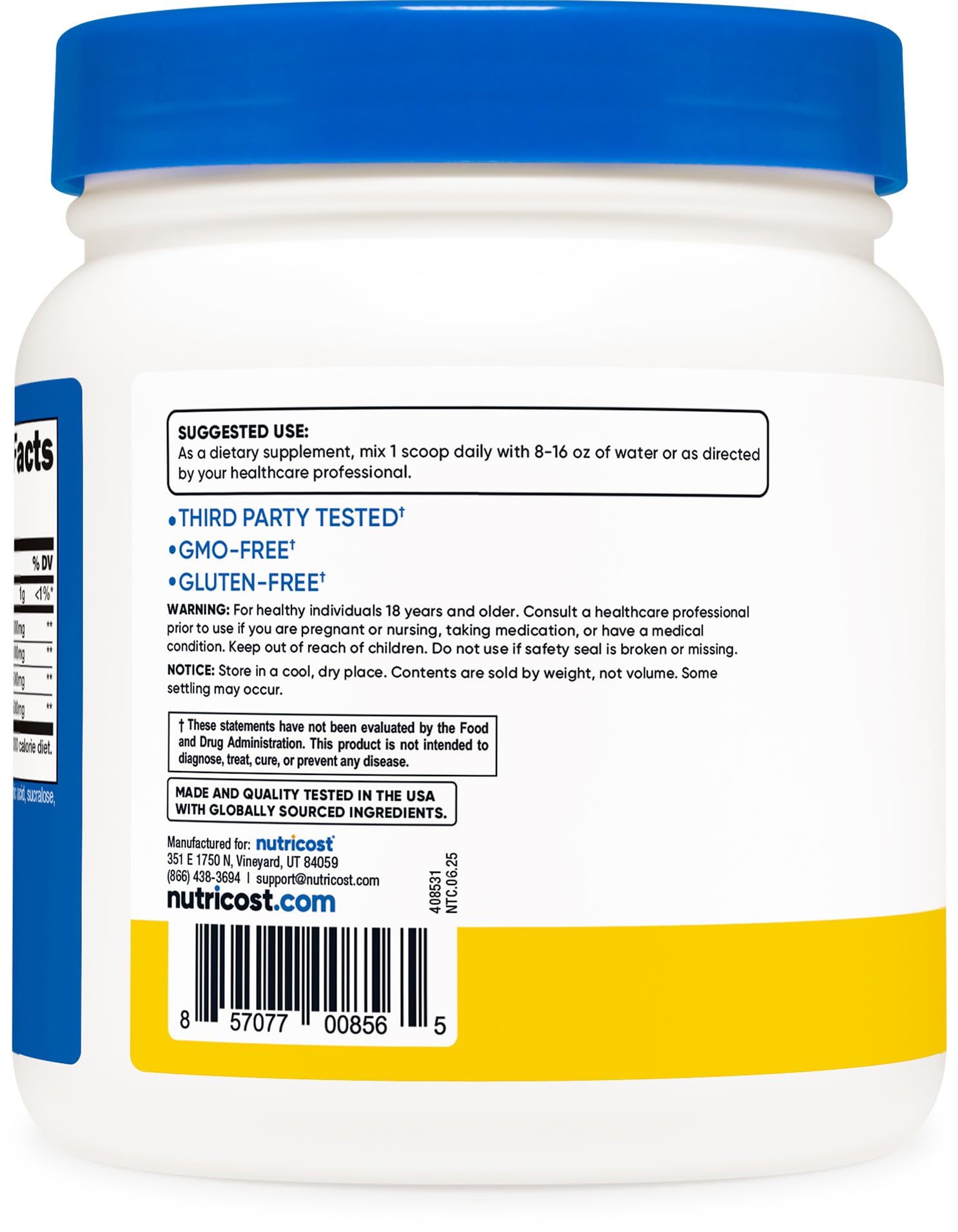 Nutricost BCAA Pineapple bottle close-up with NSF GMP certification label