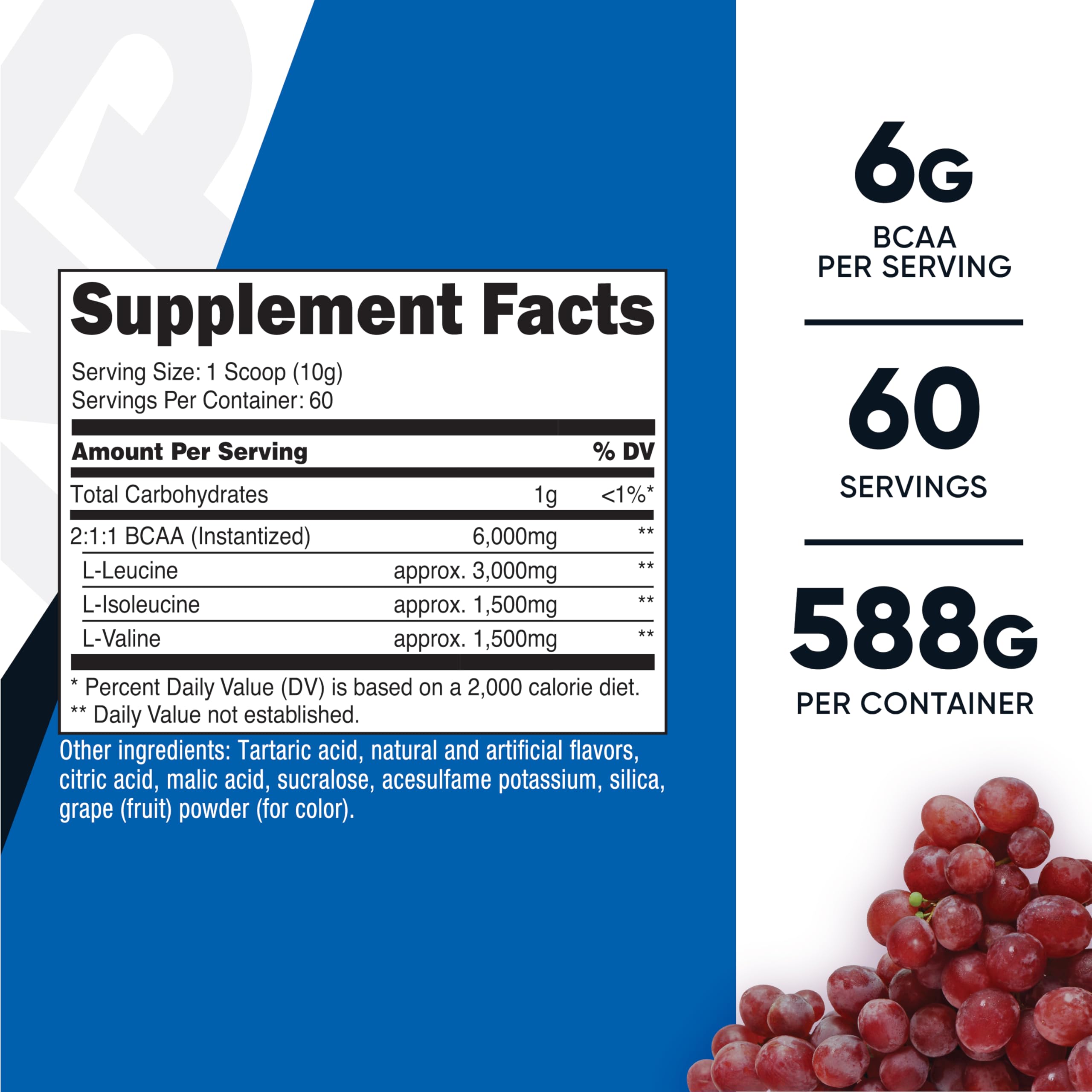 Nutricost BCAA Powder grape flavor nutrition label close-up emphasizes 6 g per serving