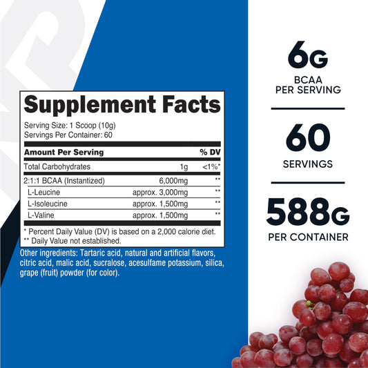 Nutricost BCAA Powder grape flavor nutrition label close-up emphasizes 6 g per serving