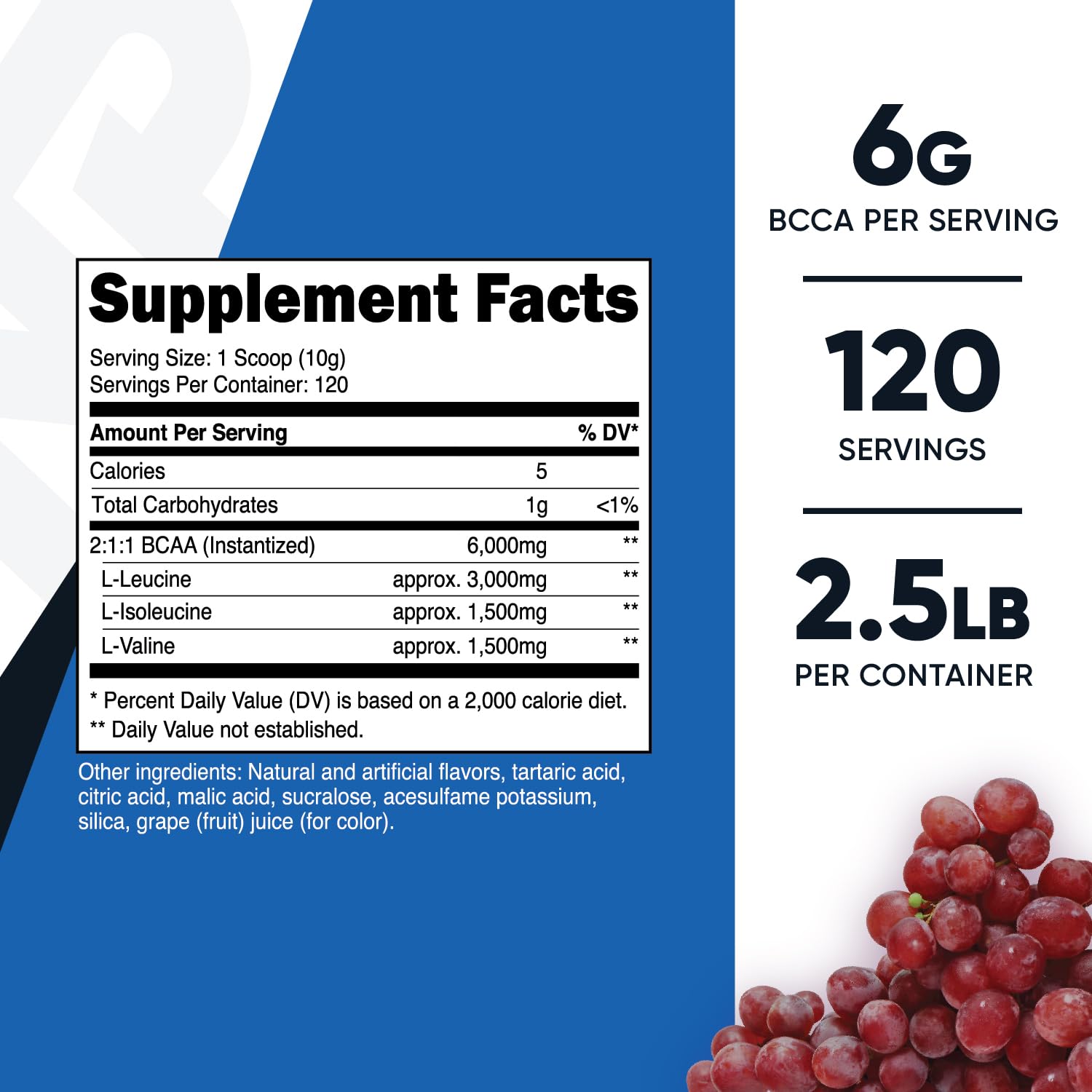 Nutricost BCAA grape scoop emphasizes 2:1:1 ratio and easy mixing.