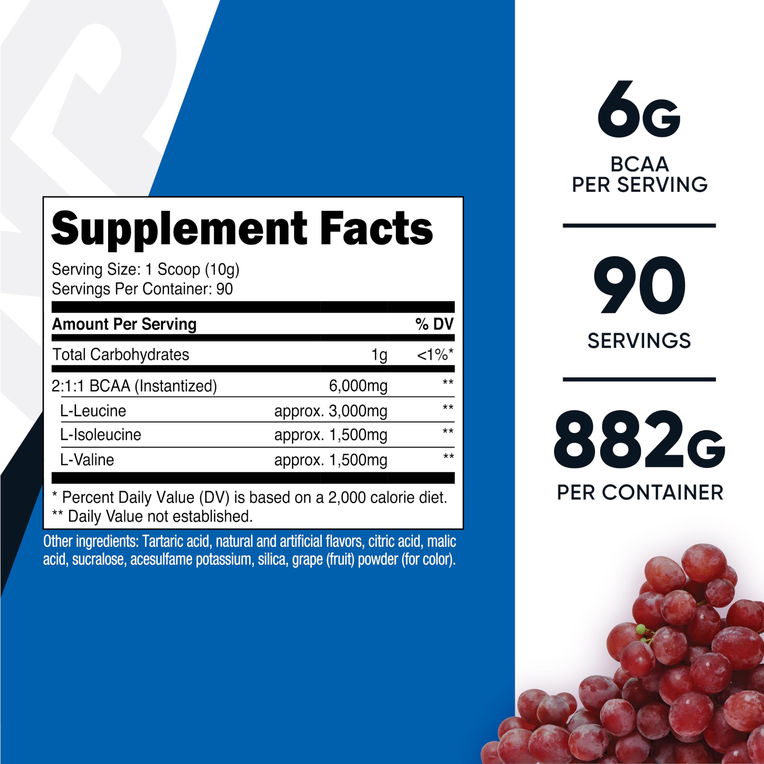 Nutricost BCAA Powder grape scoop beside tub, easy serving included