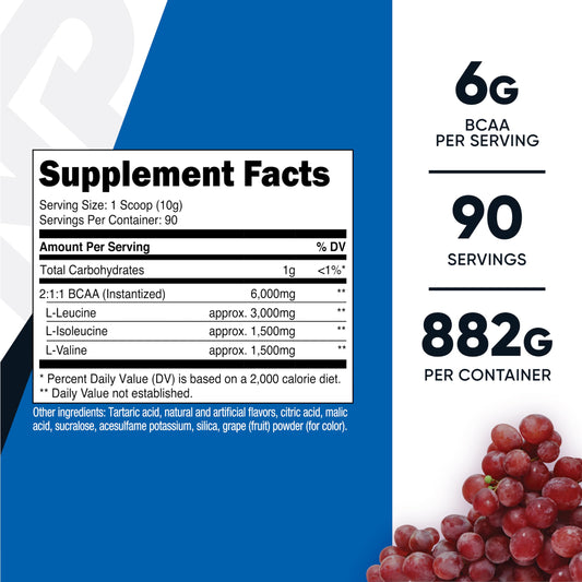 Nutricost BCAA Powder grape scoop beside tub, easy serving included