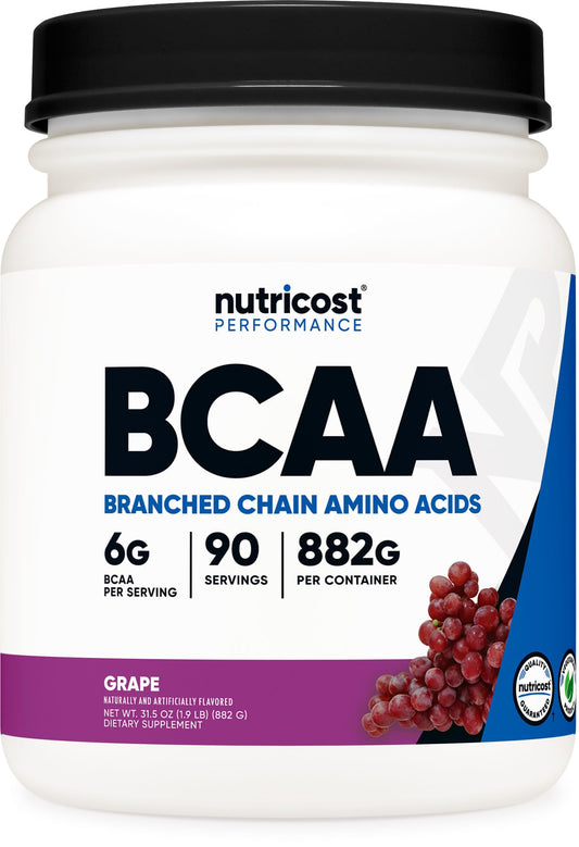 Nutricost BCAA Powder grape tub visible, supports post-workout recovery